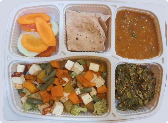 Roasted Paneer Salad with Steamed Veggies, Roti, Dal, Bhindi Fry