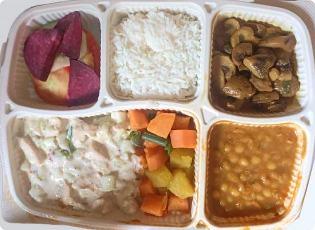 Greek Chicken with Veggies, Rice, White Peas Curry, Mushroom Fry, Raw Salad
